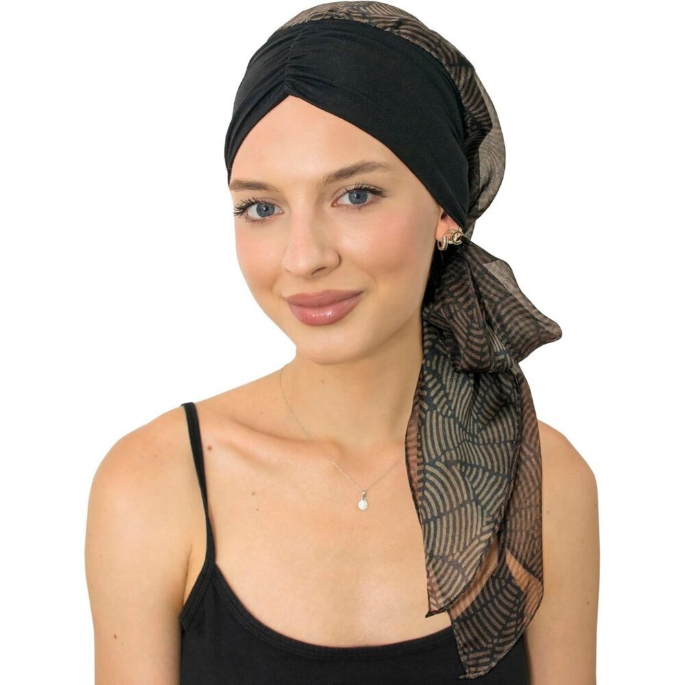 Women’s Black Earthen Flow Scarf Skull Cap Chemo Headwear Hair Loss Turban